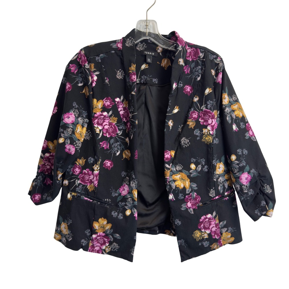 Torrid‎ Women Black Floral Open Front Blazer Jacket Ruched Sleeve Size 00 Large